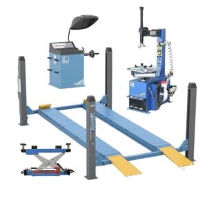 Korjaamokone kokonaisuus: Nelipilarinostin, kevennin, rengaskone + tasapainotuskone, Hauvrex