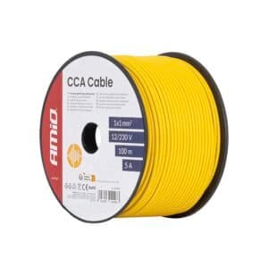 Amio 04448 keltainen 1 mm² CCA-sähkökaapeli 100 metrin kelassa, tuotemerkinnät