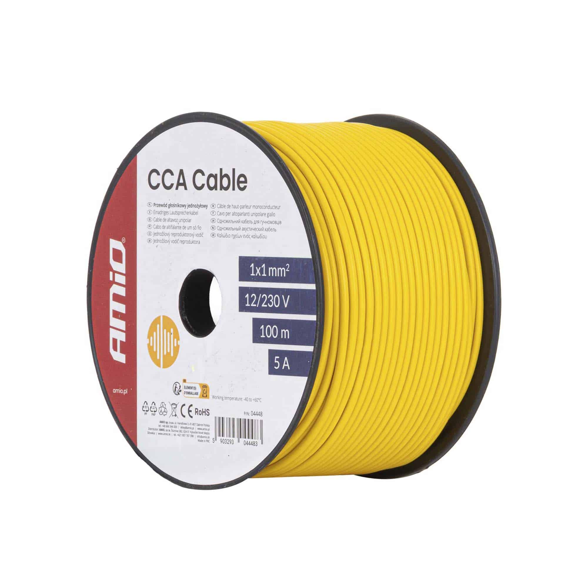 Amio 04448 keltainen 1 mm² CCA-sähkökaapeli 100 metrin kelassa, tuotemerkinnät