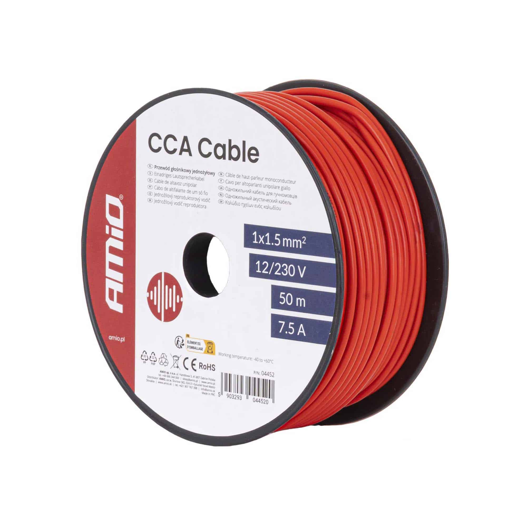 Amio 04452 punainen CCA-sähkökaapeli 1 × 1,5 mm², 50 metrin kela