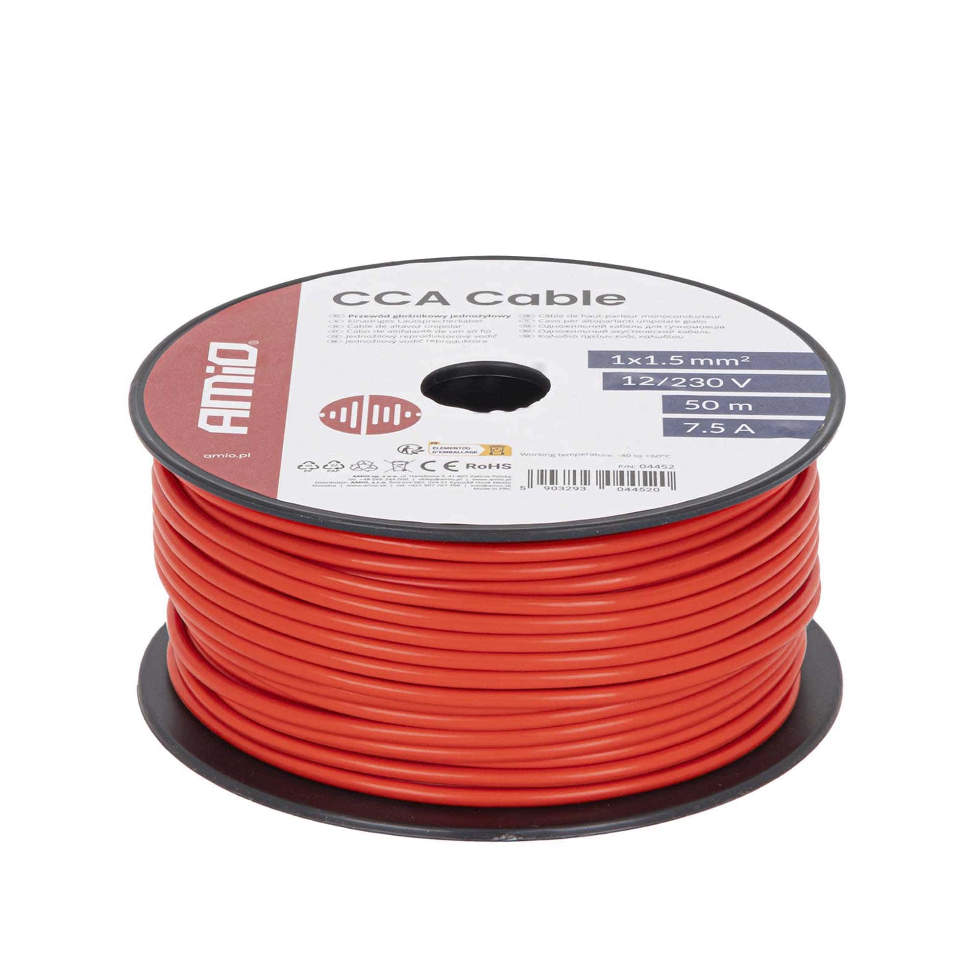 Amio 04452 punainen CCA-sähkökaapeli 1 × 1,5 mm², 50 metrin kela