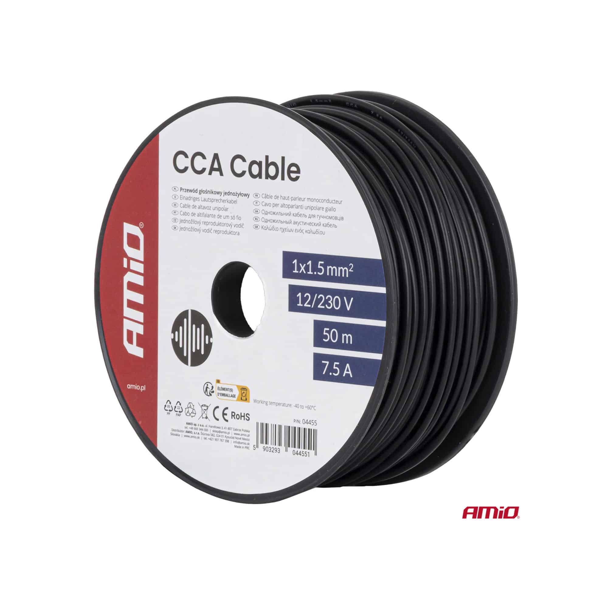 AMiO 04455 musta CCA-sähkökaapeli 1 × 1,5 mm², 50 metrin rulla