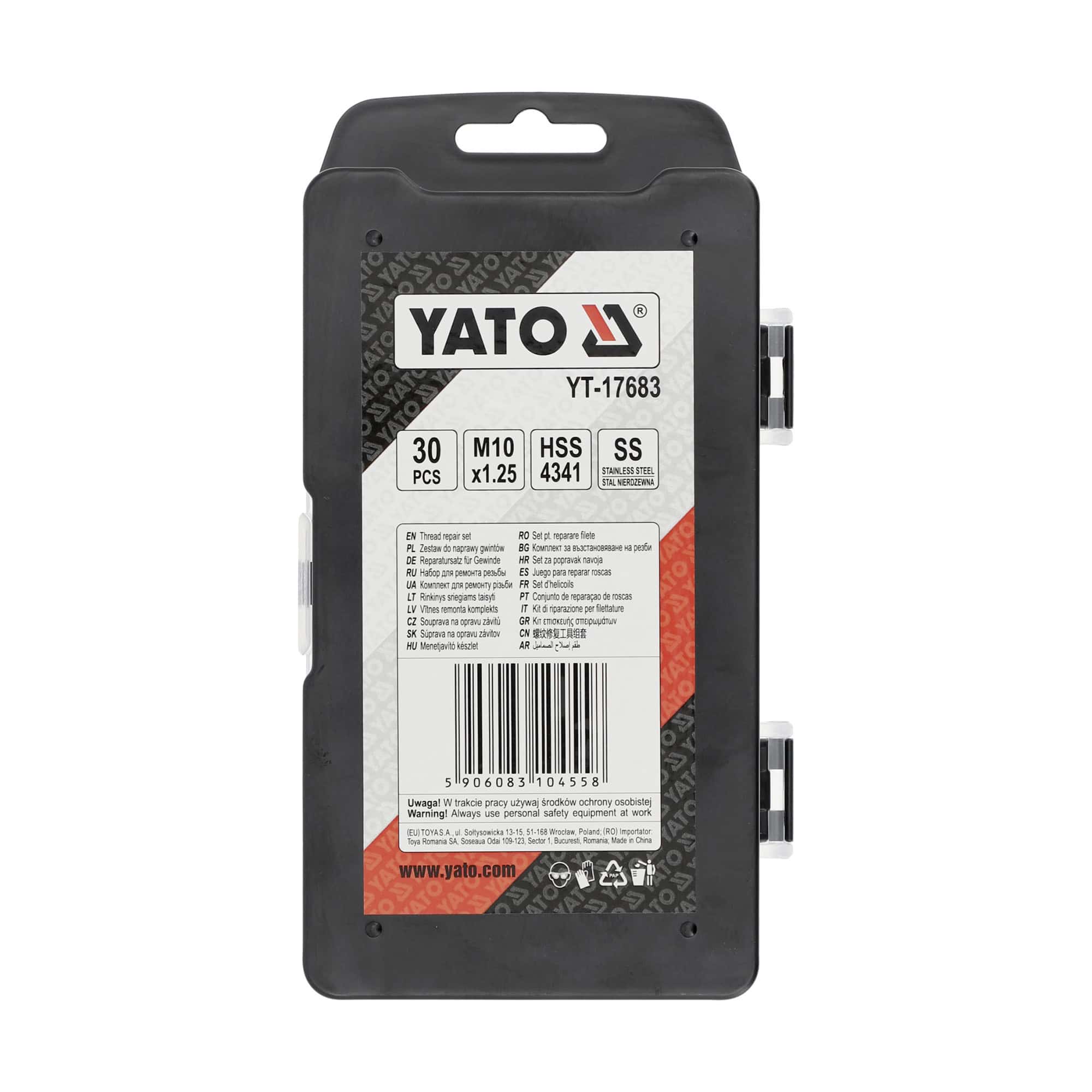 Yato YT-17683 -pakkauksen takaetiketti, jossa näkyvät M10 × 1,25, 30 osaa ja EAN-koodi