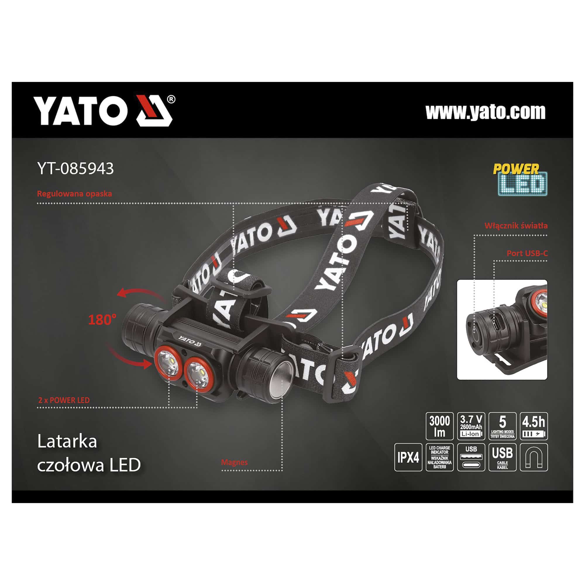 Otsalamppu ladattava 3000 lm, Yato - Image 14