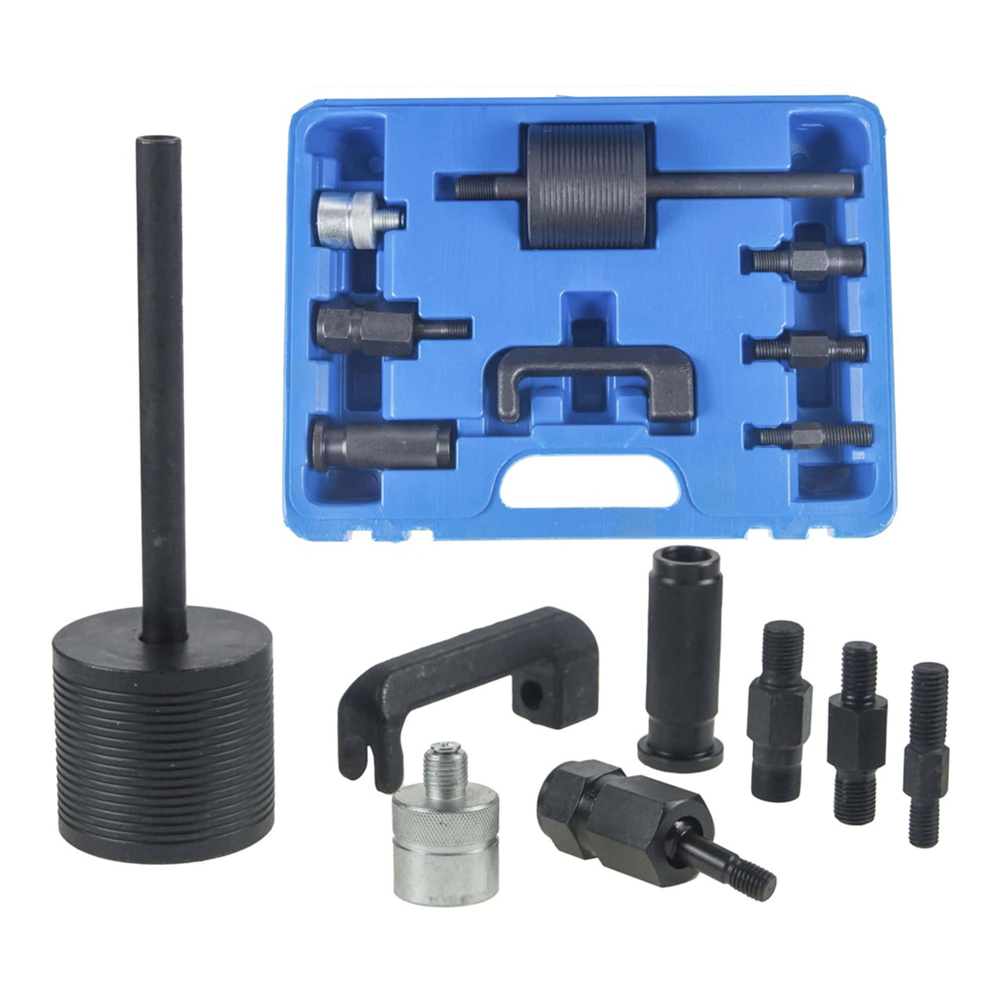 Black 14043 Common Rail -suuttimen ulosvedin, liukuvasara ja adapterit sinisen salkun edessä.