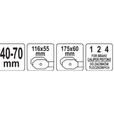 Yato YT-06804: työalue 40–70 mm, leuat 116 × 55 ja 175 × 60 mm, 1-, 2- ja 4-mäntäisille satuloille